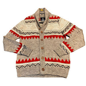 i Jeans by Buffalo Mens M Sweater Wool Blend Button Up Aztec Southwest Gray Red